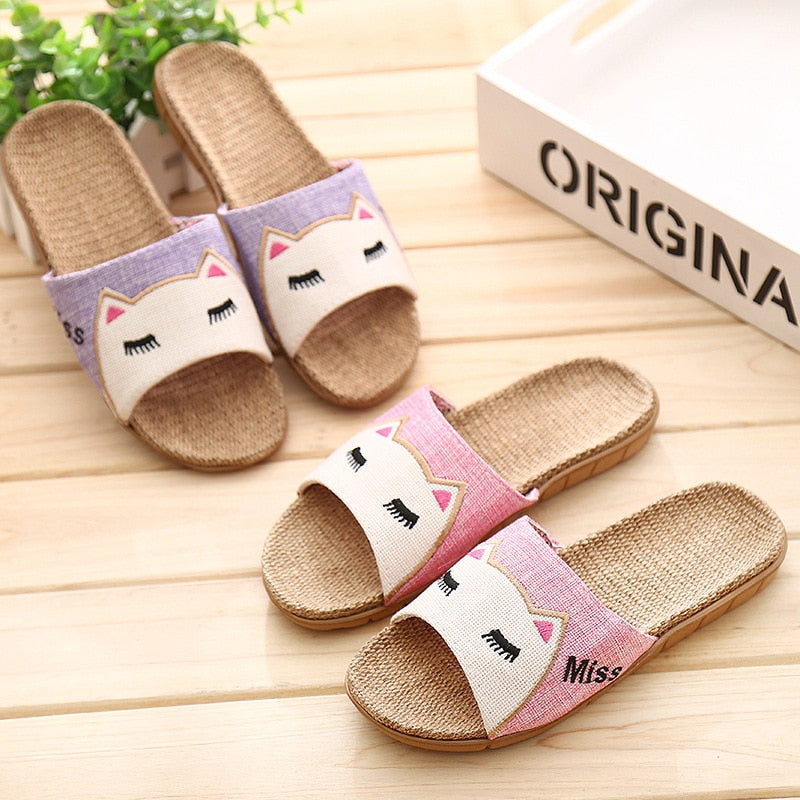 Suihyung Flachs Hausschuhe Frauen Sommer Strand Schuhe Nette Katze Flip Flops Atmungsaktive Rutschen Mädchen Indoor Leinen Hausschuhe Weibliche Sandalen