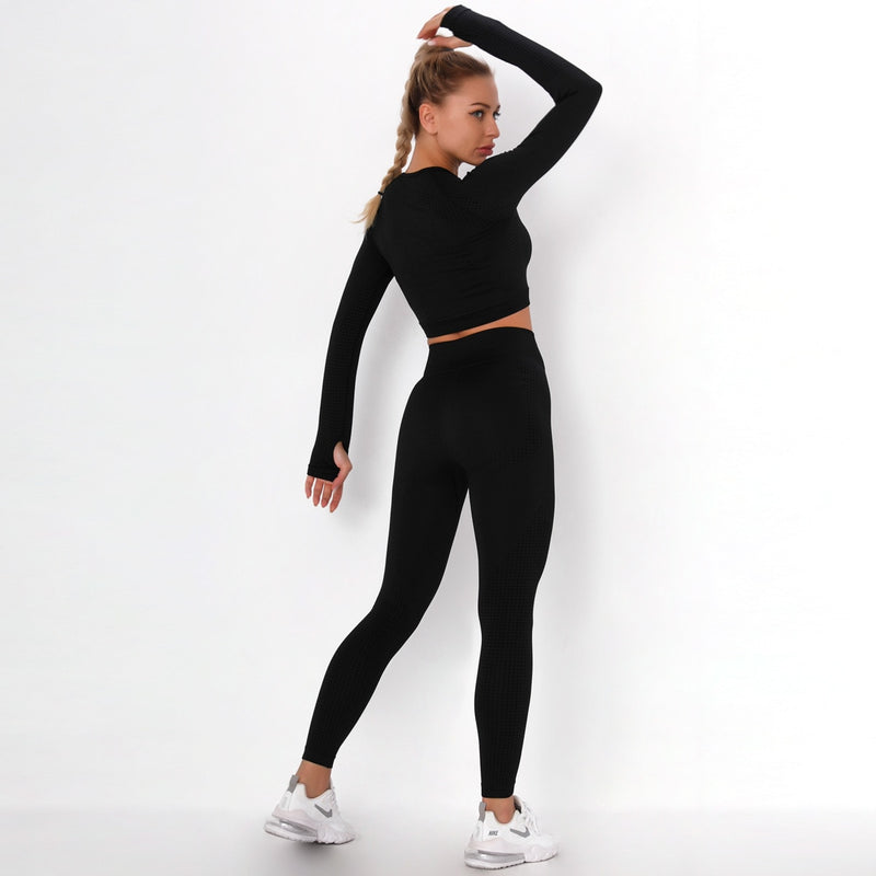 Frauen Nahtloses Yoga Set Fitness Sportanzüge GYM Tuch Yoga Langarmshirts Hohe Taille Laufleggings Trainingshose BH