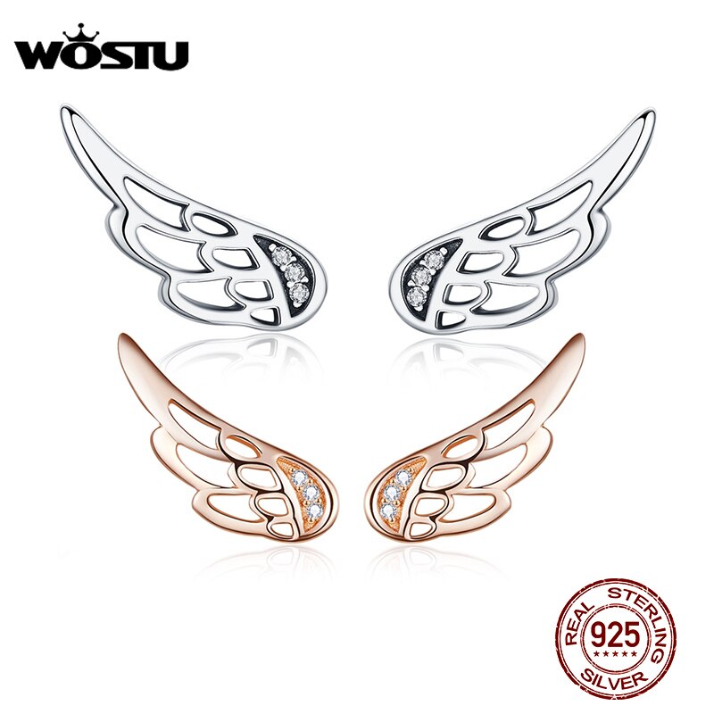 WOSTU Genuine 925 Sterling Silver Fairy Wings Stud Earrings For Women Rose Gold Earrings Wedding Engagement Jewelry CQE343-C