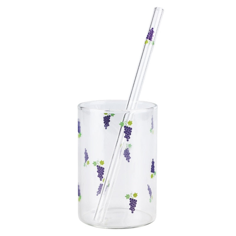 VIP LINK 2pc Cute Printing Straws Glass Cup Fruit Pattern Transparent Milk Water Cup Heat Resistant Coffee Tea Drinkware Cup