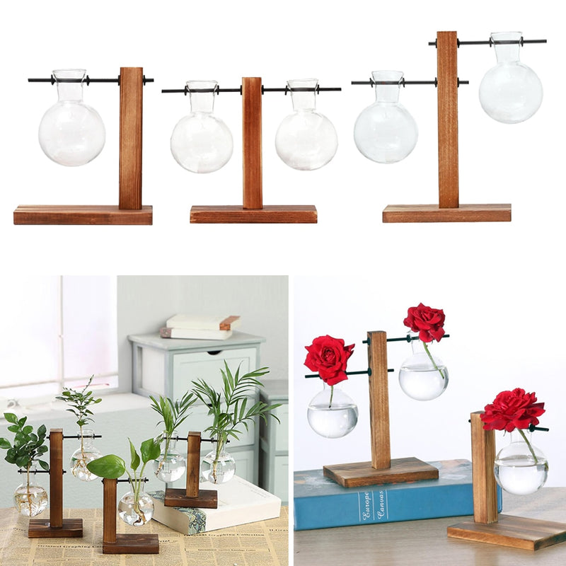 Terrarium Planter Bulb Glass Vase Water Planting Propagation Stations Hydroponics Plants With Wooden Stand Garden Wedding Decor