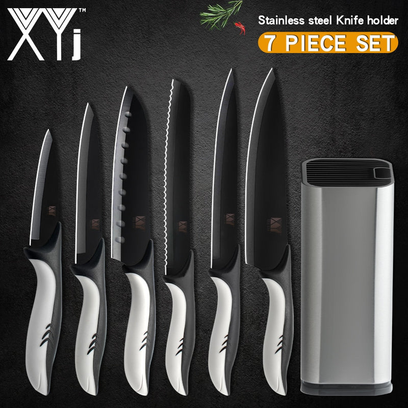 XYj, 7 Uds., soporte para cuchillos de cocina de acero inoxidable, barra de afilado, 8 pulgadas, rebanador de pan de Chef, 7 pulgadas, Santoku, 5 pulgadas, utilidad, cuchillo para pelar de 3,5 pulgadas