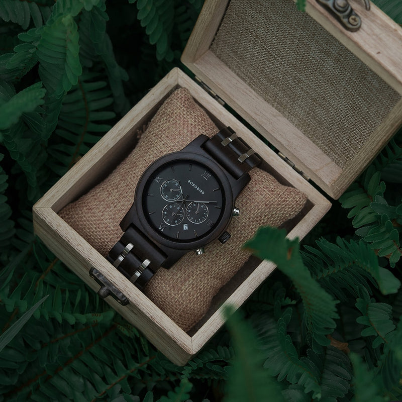 BOBO BIRD relojes de madera para hombre, reloj de cuarzo de negocios a la moda, cronógrafo de banda de acero inoxidable de madera, gran caja de regalo, reloj masculino