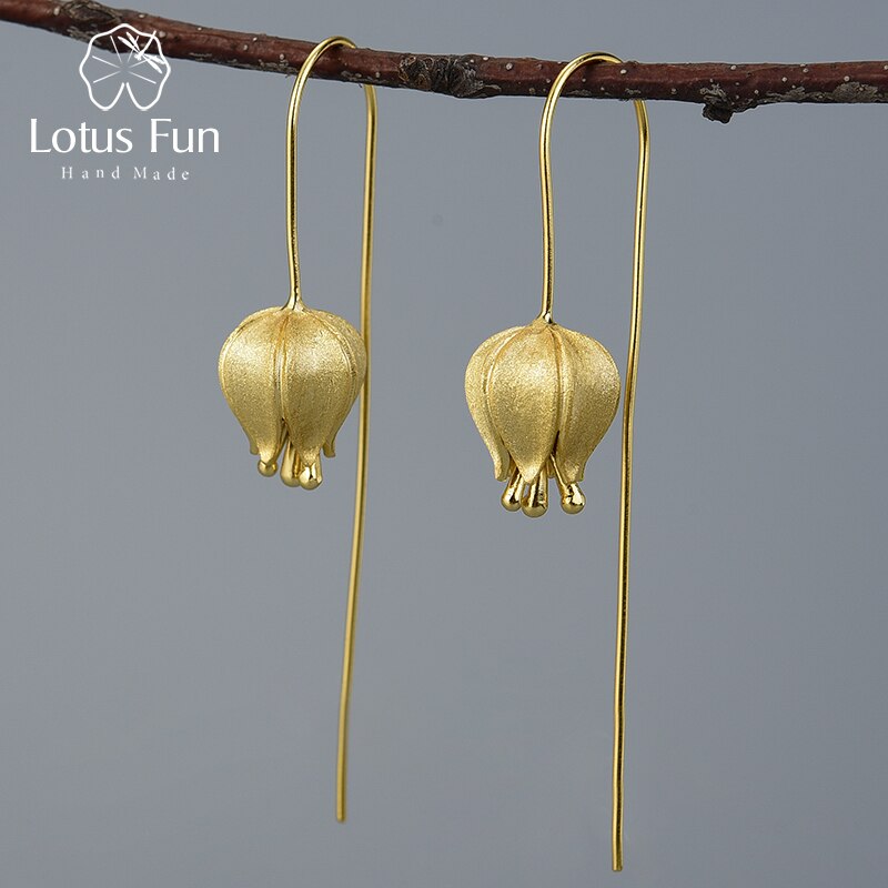 Pendientes colgantes de flor de tulipán de amor eterno de Lotus Fun, pendientes de joyería fina hechos a mano de Plata de Ley 925 auténtica para mujer, bisutería