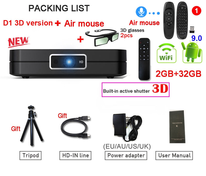 WZATCO D1 DLP 3D-Projektor 300-Zoll-Heimkino-Unterstützung Full HD 1920x1080P, 32GB Android 5G WIFI Video Beamer MINI-Projektor