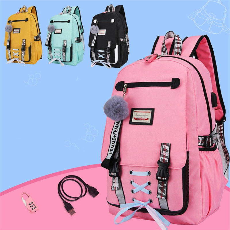 Große Schultaschen für Mädchen im Teenageralter USB mit Schloss Anti-Diebstahl-Rucksack Frauen Büchertasche groß Schultasche Jugend Freizeit College