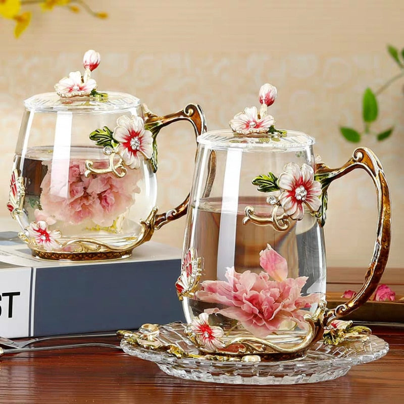 Taza de café esmaltada de belleza y novedad, tazas de cristal de té con flores para bebidas frías y calientes, juego de cuchara y taza de té, regalo de boda perfecto