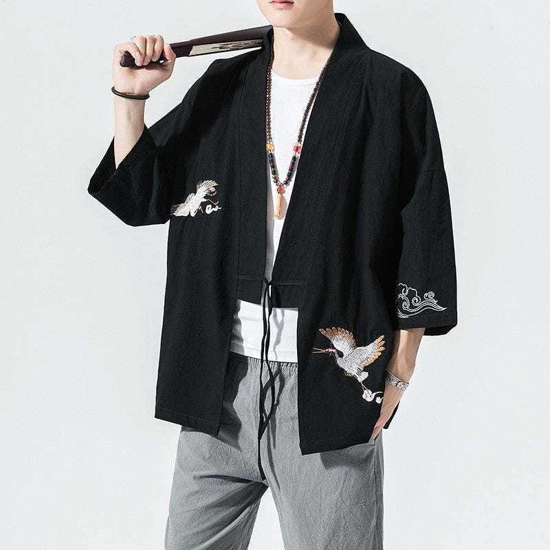 Kimono Cardigan Men Japanese Kimono Traditional Beach Thin Crane Embroidery Asian Clothes Yukata Male Samurai Casual Shirt Kimon