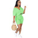Lässiger Trainingsanzug 2-teiliges Set Crop Top + Hose Kurzarm tiefer V-Ausschnitt Sommerstoff für Frauen Outfits Solide 7 Farbe