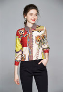 Sommer Damen Schlanke Blusen Tops Barock Print Runway Langarm Shirt Damen Kragen Elegante Vintage Büro Shirts Arbeitskleidung