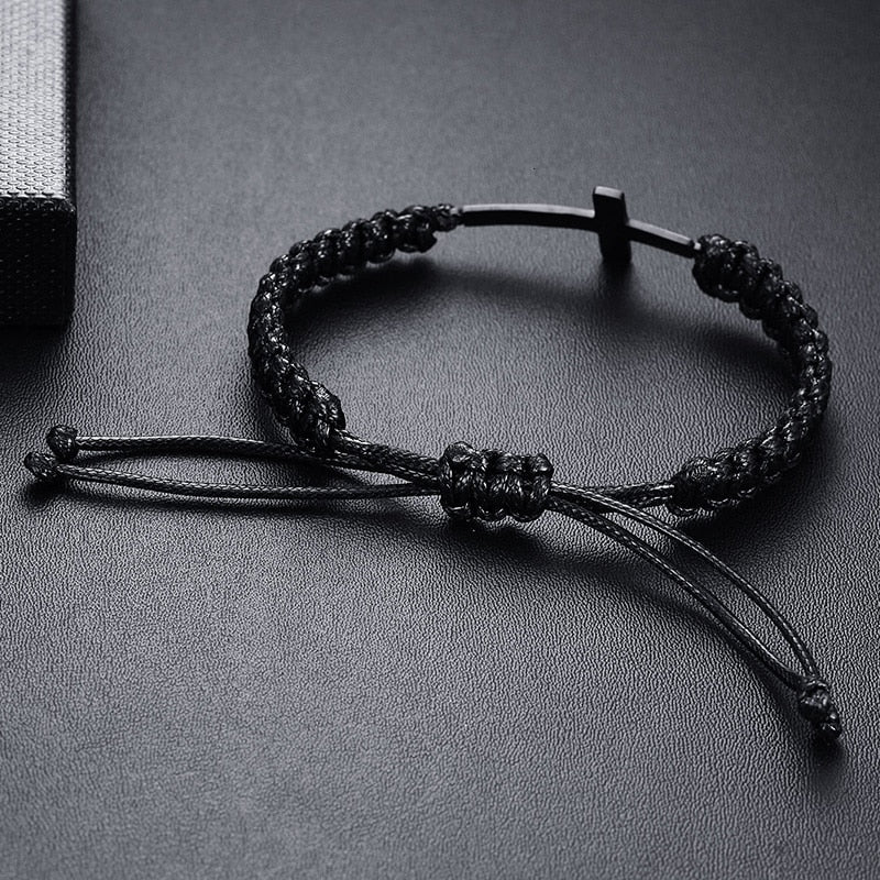 Vnox Black Cross Charm Bracelet Cadena de cuerda trenzada Unisex Joyería hecha a mano