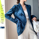 Blue Blazer for Women 2022 Spring Autumn Trendy Korean Style Luxury Satin Suit Jacket OL Work Coat Female Outerwear