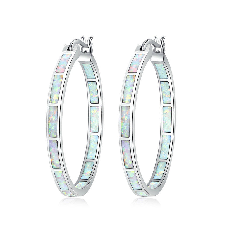 CiNily Blue Green Fire Opal Stone Hoop Earrings Silver Plated Rose Gold Color Big Round Circle Hip Hop Punk Party Jewelry Woman