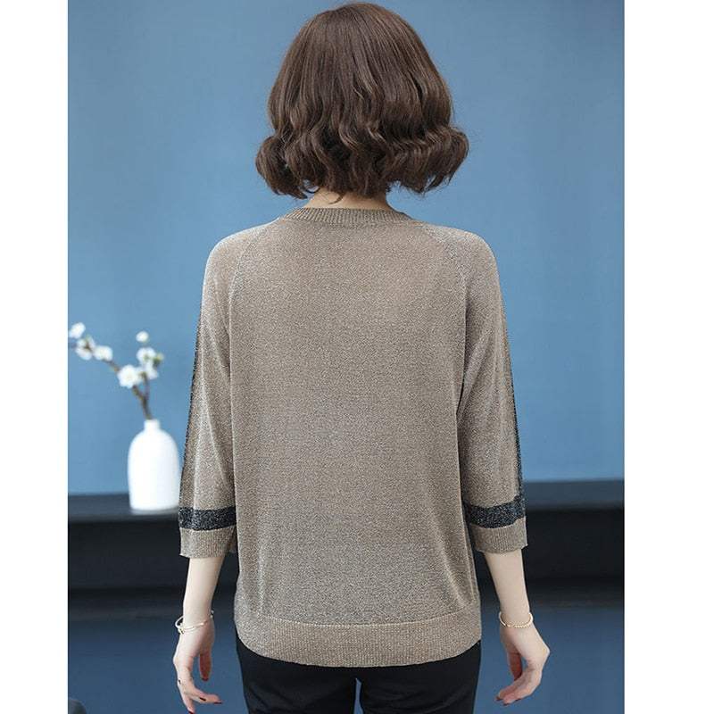 Women Spring Autumn Style Pullover Sweater Lady Casual V-Neck Half Sleeve Loose Knitted Pullover Tops Sweater ZZ0244