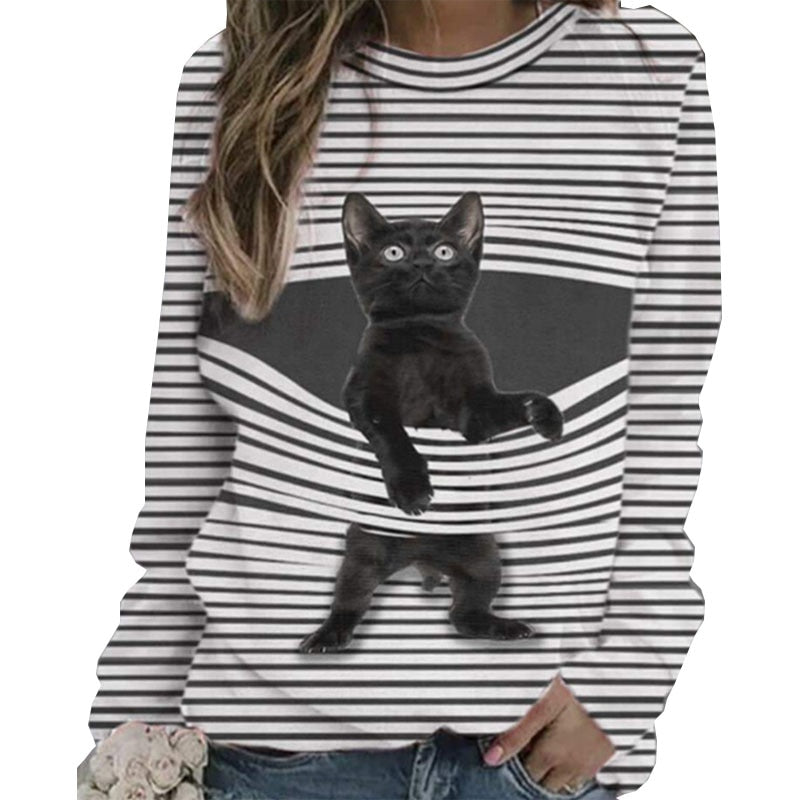 Funny Cute Cat 3D Print Casual Pullovers Women Clothes Spring Autumn Sweatshirts Long Sleeve T-Shirts Lady Clothing Fashion Tops