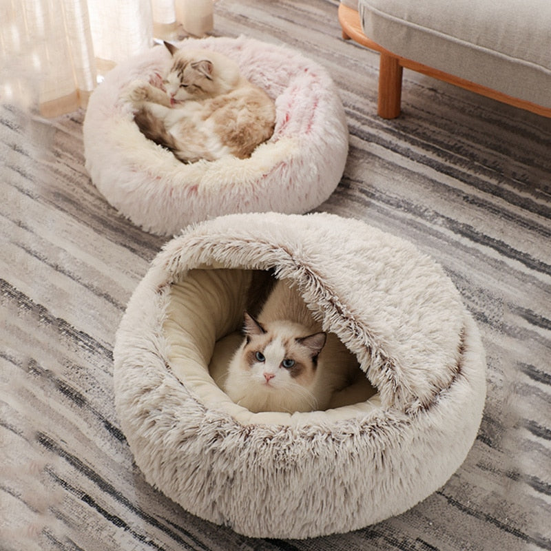 HOOPET Katzenbett, rundes Katzennest, Welpenhöhle, langes Plüsch-Haustierbett, warmes Katzenbett, 2-in-1-Katzenkissen, Schlafsofa