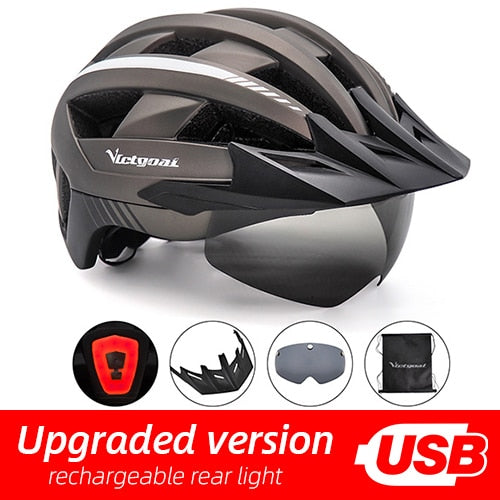 Victgoal Bicycle Helmet LED Moutain Road USB Rechargeable Light Cycling Helmet For Man Sun Visor Goggles Men MTB Bike Headgear