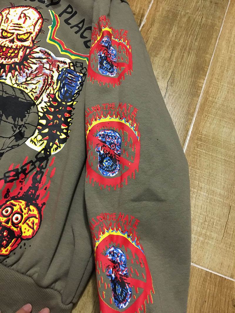 Retro Hip Hop Skull Letter Graffiti Fleece Hooded Hoodies for Men and Women High Street Loose Casual Pullover Sweatshirts