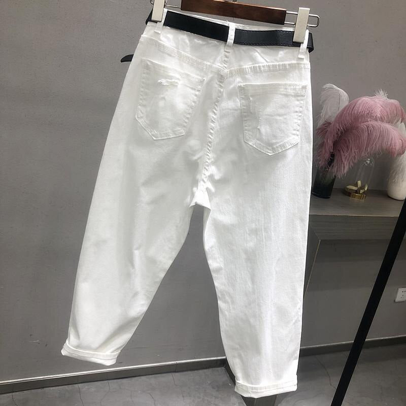 Frühling Herbst Korea Mode Frauen Weiße Jeans Hohe Taille Vintage Loch Lose Denim Hosen Lässige Knöchellange Pluderhosen D436