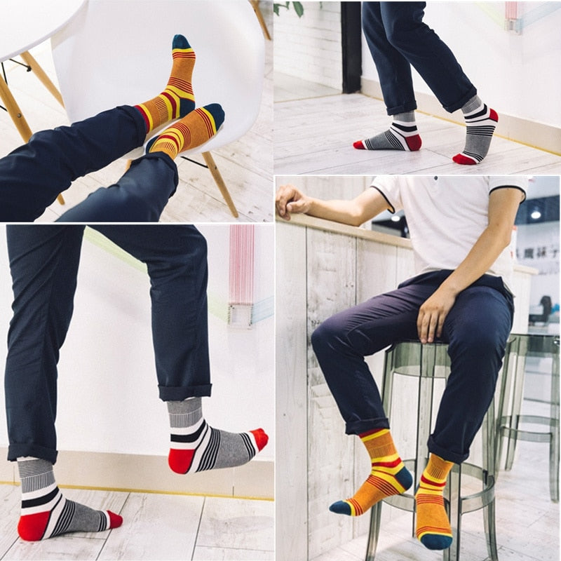 Calcetines de primavera y verano 2020 para hombre, calcetines de algodón a rayas de colores informales a la moda para hombre
