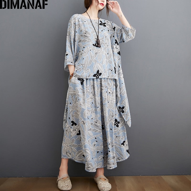 DIMANAF Plus Size Two Piece Set Suit Women Clothing Vinatge Print Elegant Lady Tops Shirt Linen Loose Pants Female Suit Summer