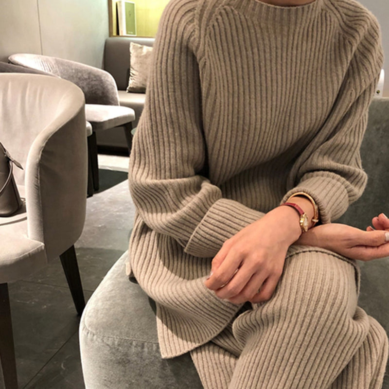 SMTHMA, nueva moda de invierno, suéter de punto cálido grueso para mujer, trajes de dos piezas + conjunto de pantalones de pierna ancha sueltos de cintura alta