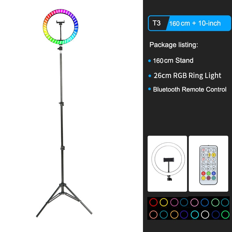 26cm Colorful RGB Ring Light with Stand Phone Tripod Lighting Ring Light with Remote Phone Camera Holder for Tiktok Photo Video