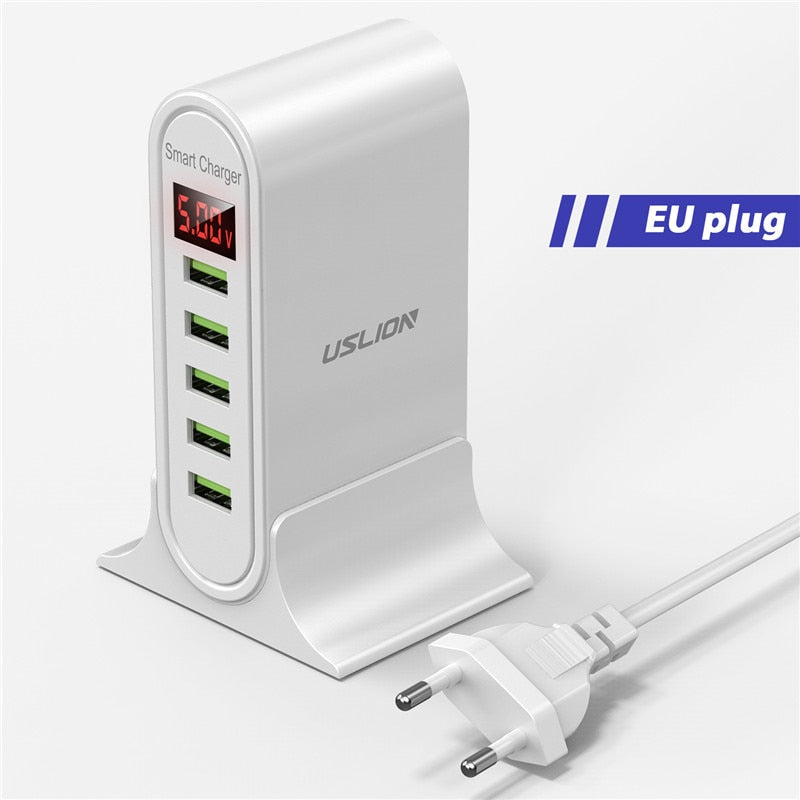 USLION USB Charger 5 Port LED Display Multi USB Phone Desktop EU US UK Plug With Digital Display Travel Wall Charger Adapter