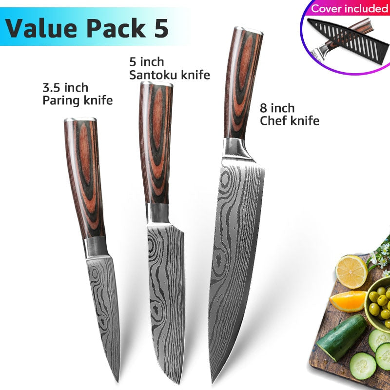 Kitchen Knife 1-9pcs Chef Knives 7CR17 440C High Carbon Stainless Steel Damascus Drawing Gyuto Cleaver Set Slicer Santoku Knife