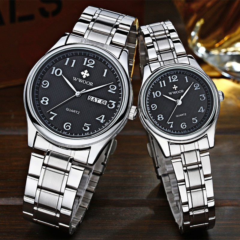 WWOOR, relojes para amantes de la moda para hombres y mujeres, reloj árabe resistente al agua, reloj de pulsera de cuarzo informal para parejas de acero inoxidable y plata para mujer