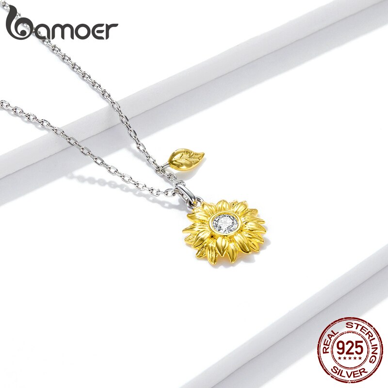 bamoer Silver Sunflower Jewelry Set 925 Sterling Silver Gold Color Lucky Necklace Earring Gift for Women Fashion Jewelry  ZHS222