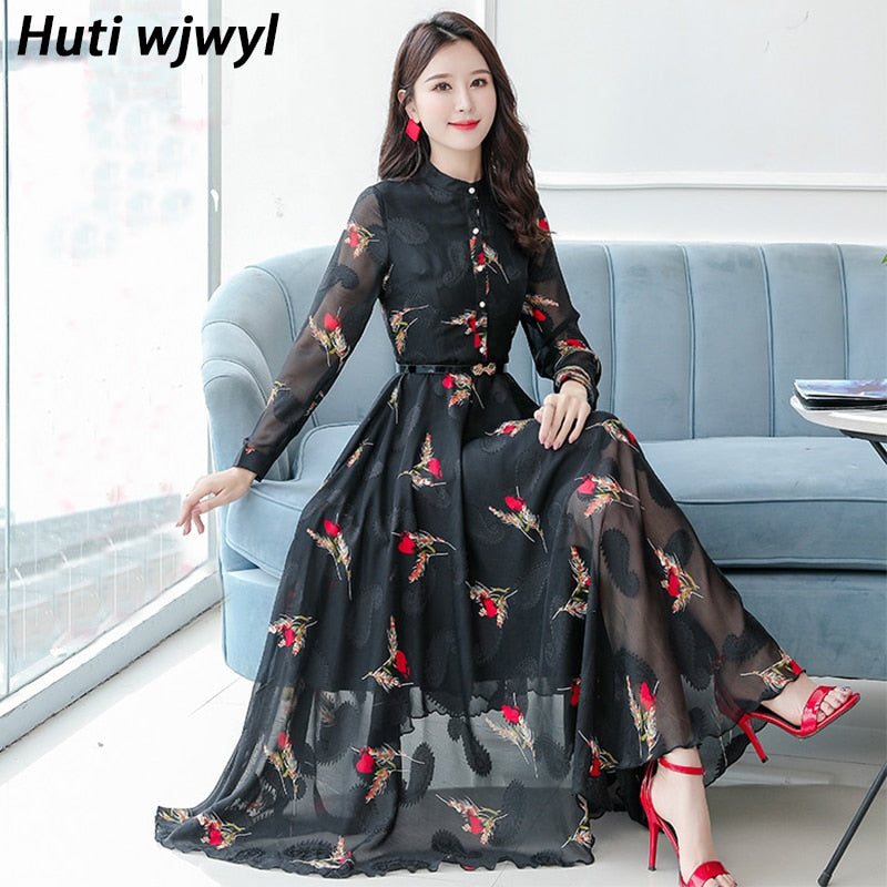 Vintage gasa negro Casual Midi vestido 2022 Otoño Invierno elegante mujer Boho Prom Maxi vestido fiesta manga larga boda Vestidos