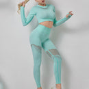 Yoga Sets Women Gym Clothes Seamless Long Sleeve Crop Tops Mesh Sports Leggings Running Workout High Waist Pants Fitness Wear