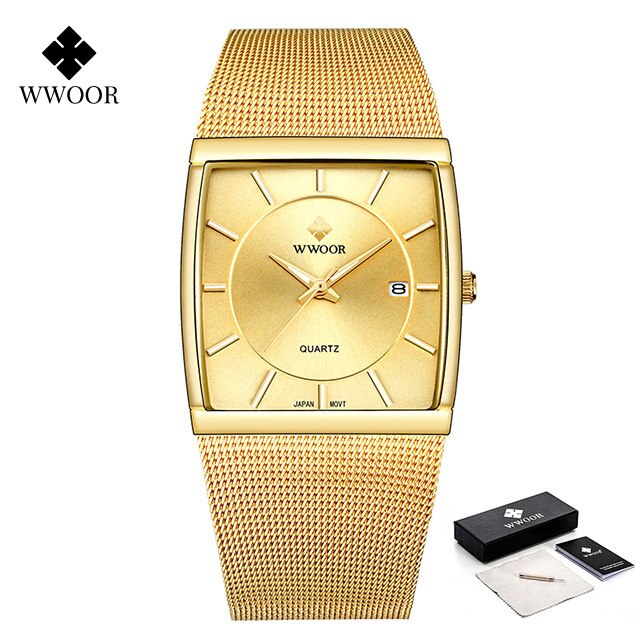 WWOOR Luxury Gold Watch Men Square Japan Quartz Slim Steel Mesh Waterproof Sports Automatic Date Wrist Watches Relogio Masculino