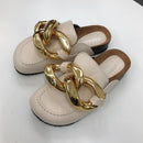 SUOJIALUN New Brand Design Goldkette Damen Slipper Closed Toe Slip On Mules Schuhe Round Toe Low Heels Casual Slides Flip Flop