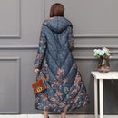 Chinese Style Women's Winter Down Cotton Jacket X-long Printing Loose Thick Outwear Hooded Loose Covered Button Female Parka