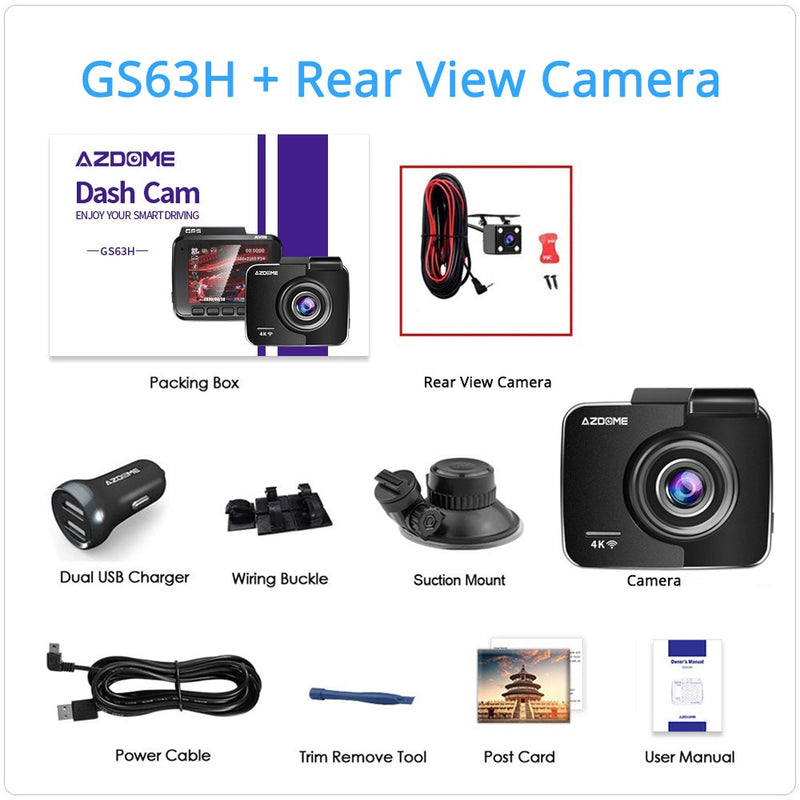Cámara de salpicadero de coche AZDOME GS63H 4K 2160P cámara de salpicadero era lente Dual integrada GPS DVR grabadora Dashcam con WiFi g-sensor Grabación en bucle