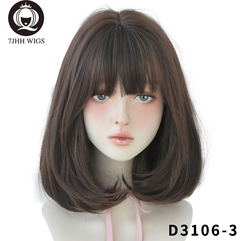 7JHH WIGS Natürliche, bequeme, synthetische Perücke für Frauen, schwarze Schulter, glattes Haar, 35,6 cm, modische Frisur-Perücke