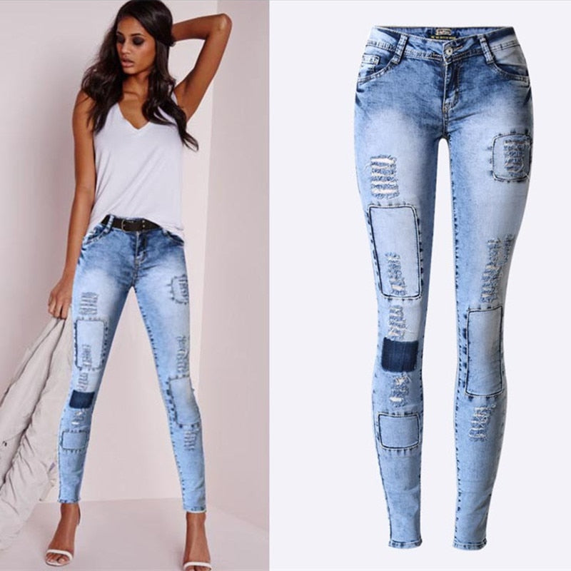 LOGAMI Ripped Jeans for Women Holes Skinny Jeans Slim Femme Womens Jeans Elastic Patchwork Pantalones Vaqueros Mujer 2021