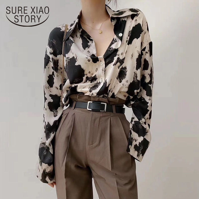 Cow Print Button Up Shirts Women Long Sleeve Blouse Korean Fashion Clothes Chiffon Streetwear Plus Size Tops Spring New 13486