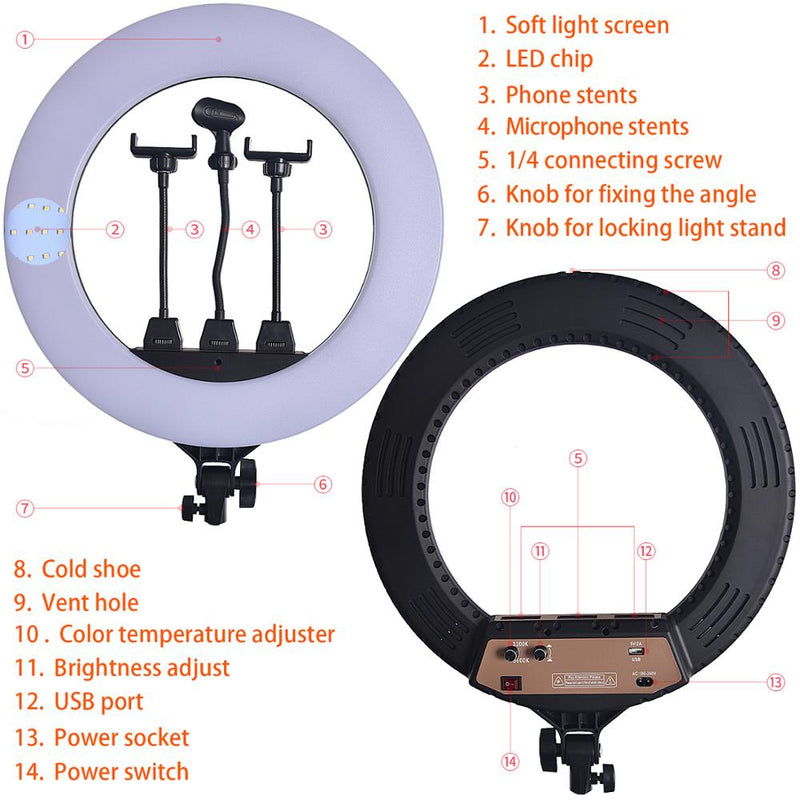 Fosoto 18 Inch Photographic lighting Bi-color Led Ring Light 80W Ringlight Lamp With Tripod For Camera Phone microphone