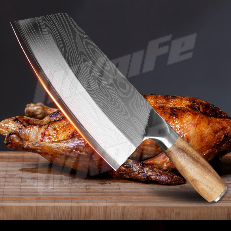 Knife Kitchen Damascus Laser Pattern Meat Cleaver Chinese Chef Chopping Slicing Knife 40CR13 Stainless Steel Vegetable Cutter