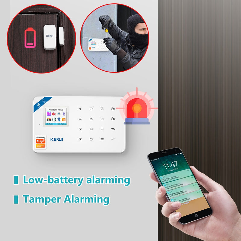 KERUI Smart Home Security Alarm System Wireless WiFi GSM Tuya Control App 1.7 Inch Color Screen Operation Voice Prompt Host