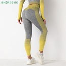 SHINBENE Stretchy High Waist Seamless Athletic Sport Workout Tights Women Striped Hip Enhancing Running Gym Fitness Leggings