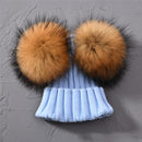 Winter Baby Knit Hat With Two Fur Pompoms Boy Girls Natural Fur Ball Beanie Kids Caps Double Real Fur Pom Pom Hat for Children