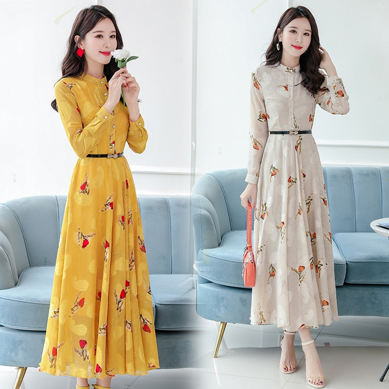 Vintage Chiffon Black Casual Midi Dress 2022 Autumn Winter Elegant Women Boho Prom Maxi Dress Party Long Sleeve Wedding Vestidos