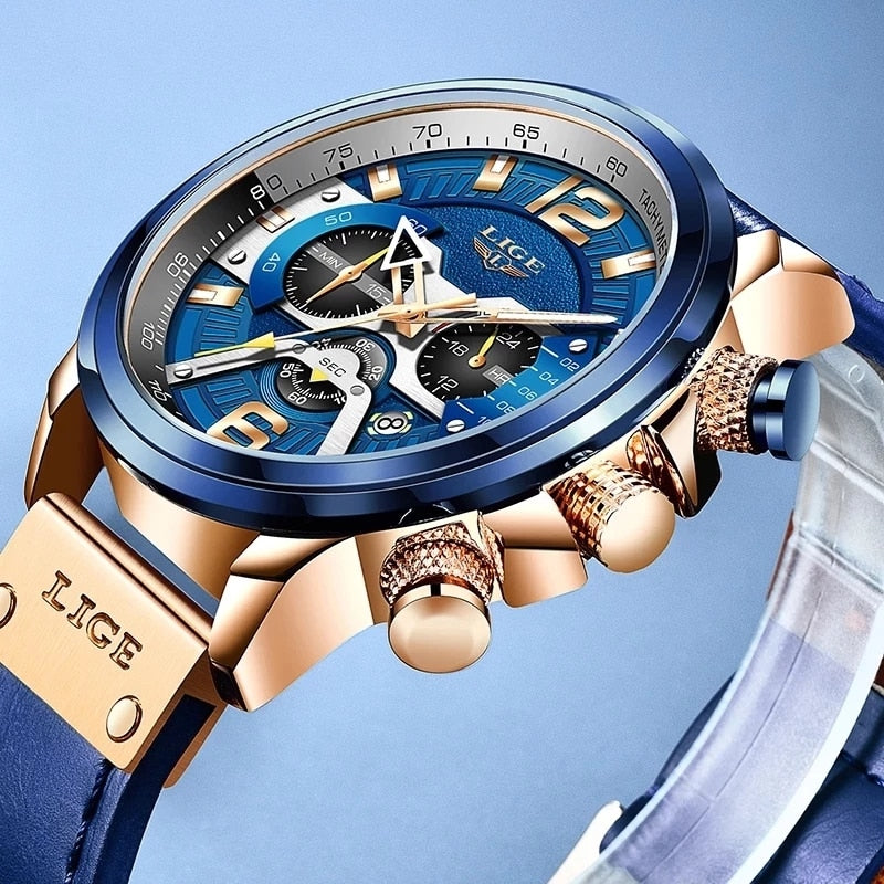 2022 LIGE Herrenuhren Top-Marke Luxus Blau Leder Chronograph Sportuhr Für Herren Mode Datum Wasserdichte Uhr Reloj Hombre