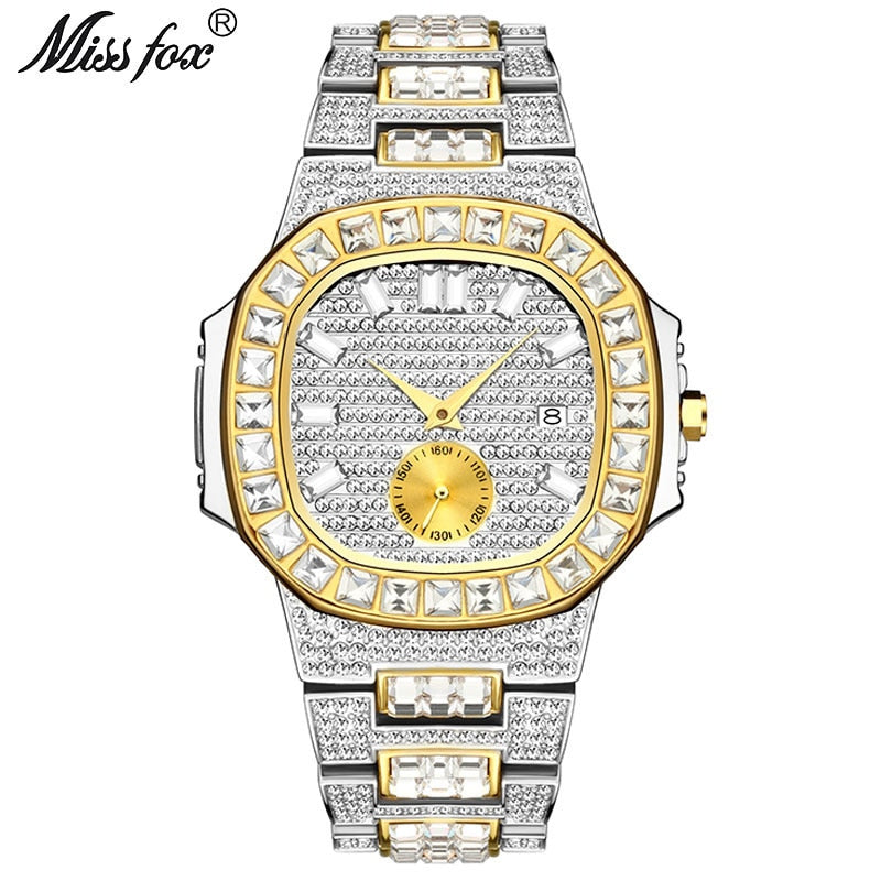 MISSFOX Iced Out Relojes Hombres Top Brand Luxury Watch Hombres Full Diamond Quartz-watch Bling Bling Hiphop Hot Rapper's Jewelry Watch