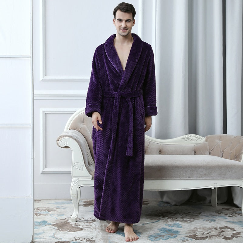 Albornoz de invierno de talla grande para hombre, albornoz largo de lana Coral, Kimono, albornoz cálido de franela, albornoz acogedor para hombre, ropa de dormir de noche, bata de mujer