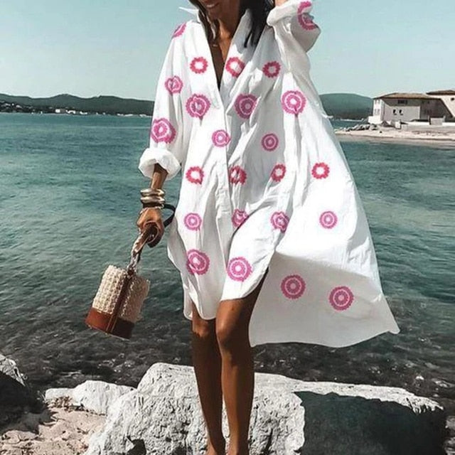 2021 Summer Women Dresses Turn-down Collar Print Casual Long Sleeve Shirt Dress Oversized Loose Beach Party Vestidos Robe Blouse